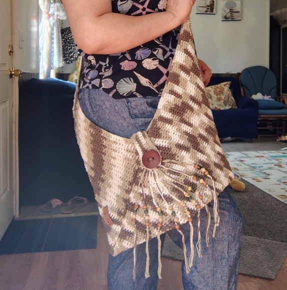 NWOT Handmade Crochet Boho Chic Hippie Crossbody Bag with Fringe Cotton. - Picture 3 of 15